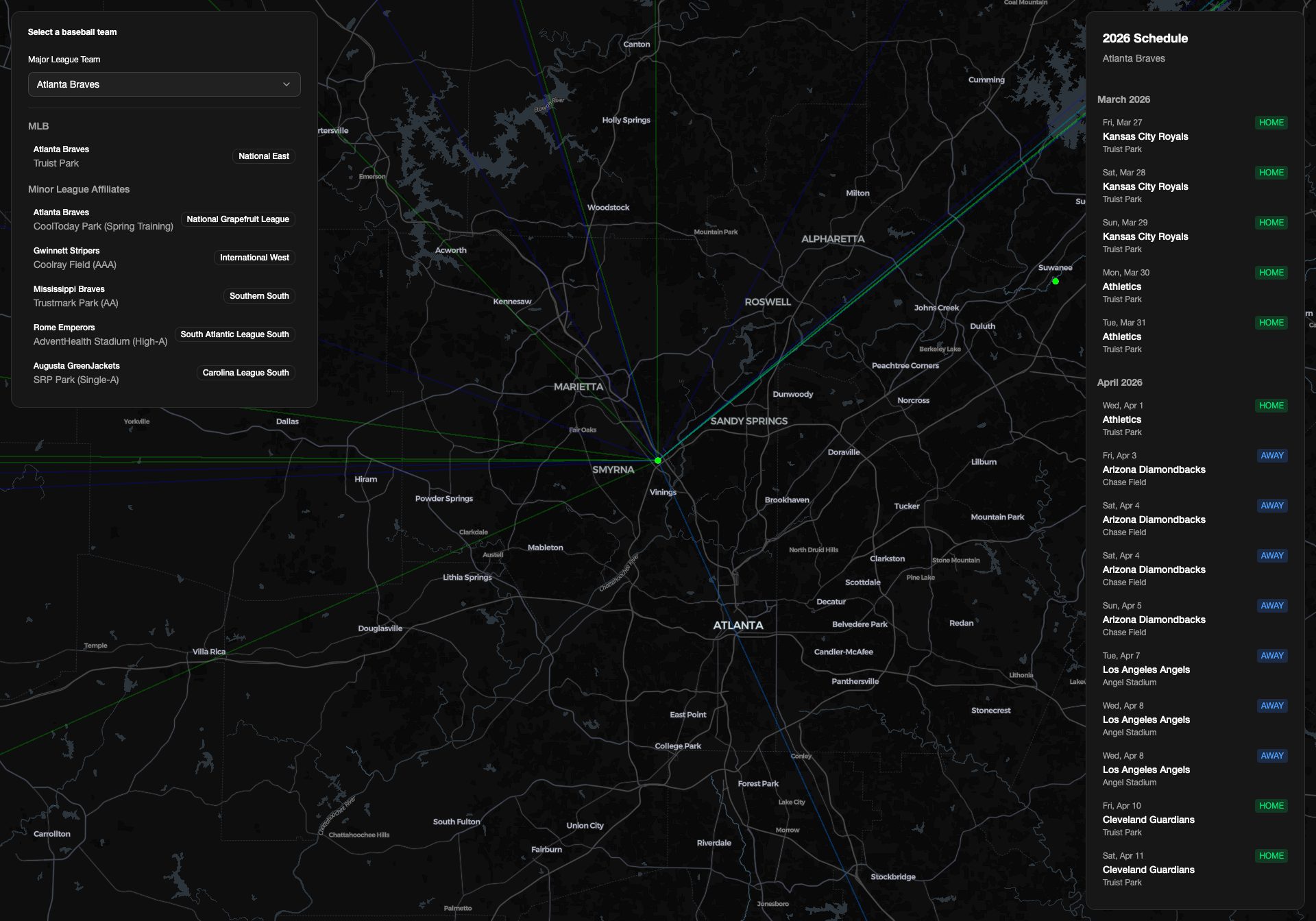 Baseball Tracker map of MLB stadiums and the season schedule
