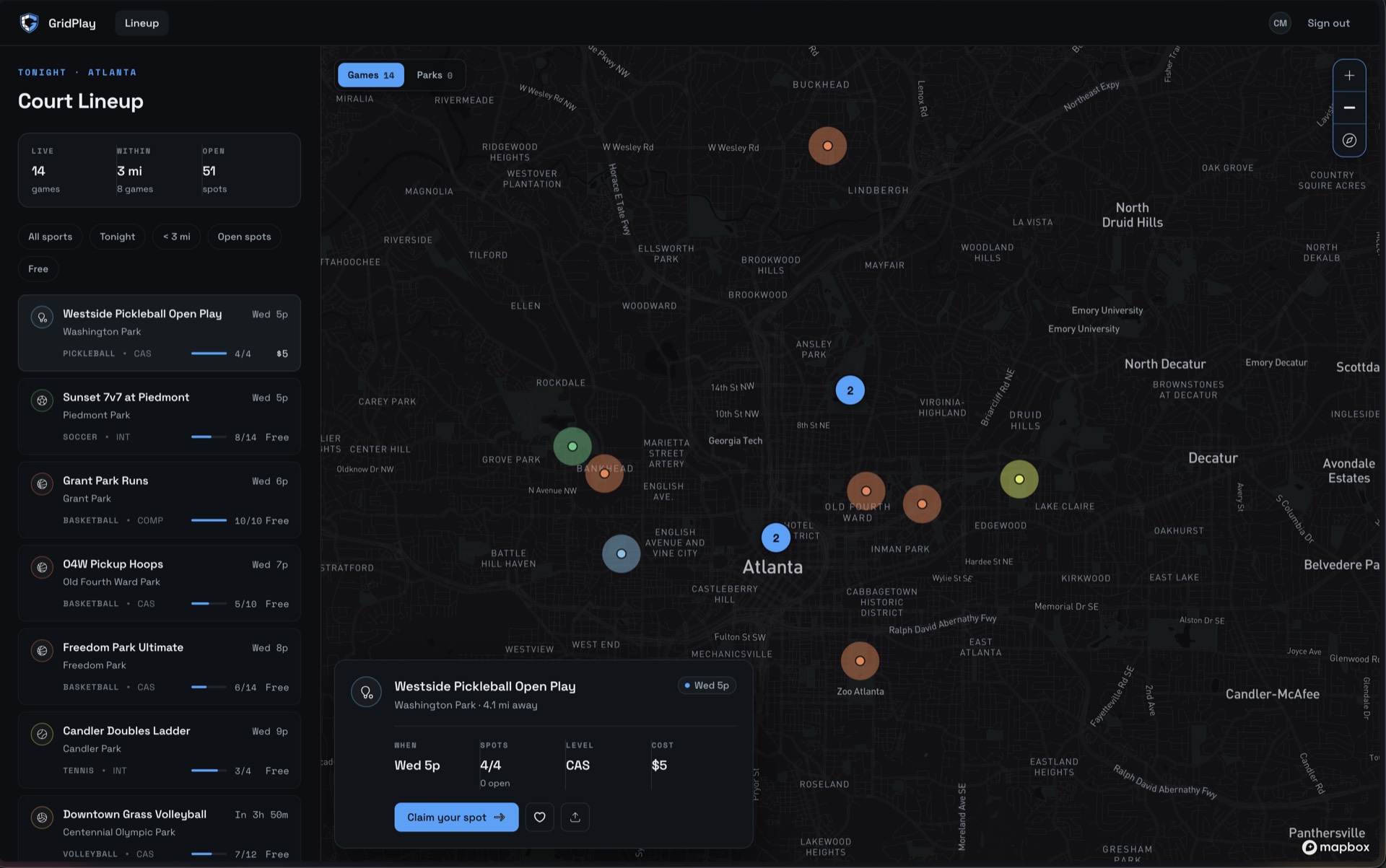 Gridplay court lineup: tonight’s pickup games listed and plotted on a dark map of Atlanta